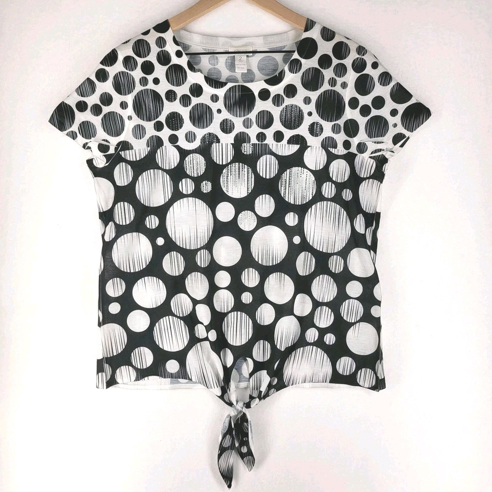 Chicos Beaded Tie Front Top Womens 2‎ Medium Black White Polka Dot Retro Chic